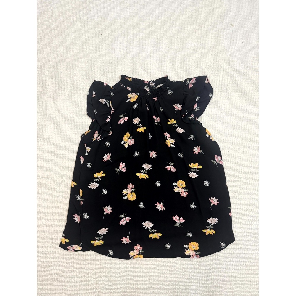Loft Blouse Top Women Large Black Floral Flutter Sleeve Ruffled High Neck Casual